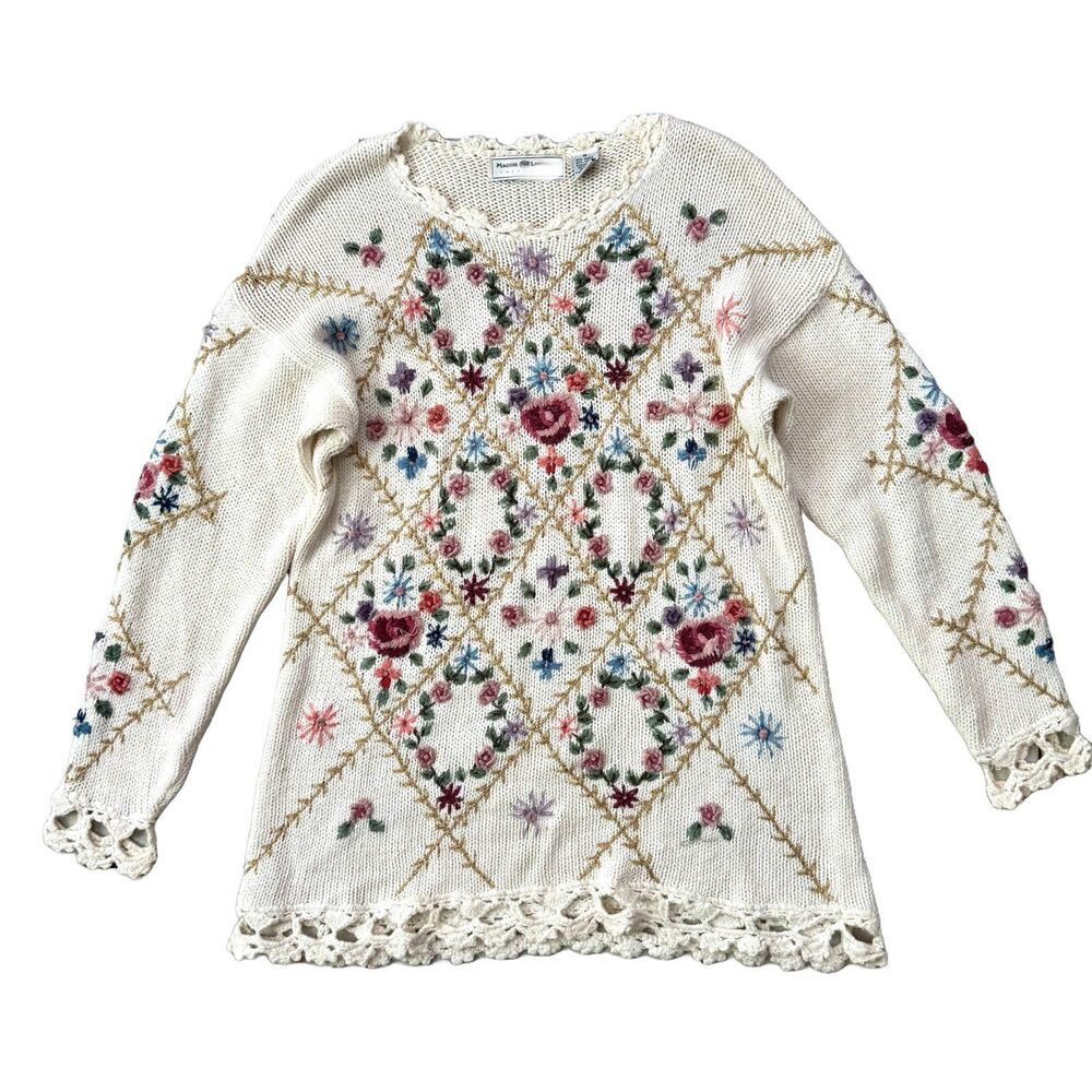 Vintage 90s Maggie Lawrence Womens Size M Chunky Handknit Floral Sweater